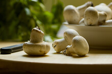 Common Mushrooms (Agaricus Bisporus) On A Kitchen Board With Parsley In The Background