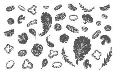 Sticker - Salad vegetables fly in air glyph icon vector illustration. Silhouette of fresh sliced food ingredients cut into pieces fall, mix slices and leaf for summer Mediterranean diet and healthy salad menu
