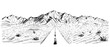 Road desert panorama with the mountain range, vector landscape. Black and white sketch of the roadway panorama.
