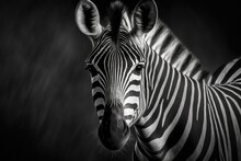 Portrait Of A Zebra In Black And White. One Of A Kind Wild Animal Looking Right At The Camera. A Curious Animal Talking. Big Nose Cute And Funny Looking Zebra Eyes Are In Focus With A Shallow Depth Of