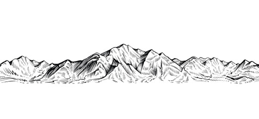 vector seamless mountain sketch, endless rock ranges panorama illustration.