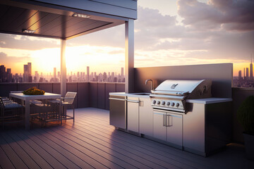 Wall Mural - A modern and sleek rooftop barbecue area with a stunning cityscape view and sleek furnishings, perfect for high-end urban living - Generative AI