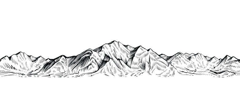 vector seamless mountain sketch, endless rock ranges panorama illustration.