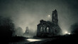 Old photo with creepy cemetery and abandoned church ruins. Mystic gloomy scene. Generative AI