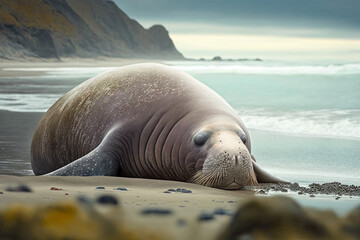 Poster - an elephant seal resting on a beach generative ai