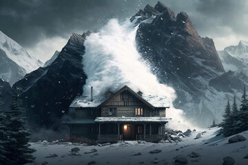 Sticker -  Avalanche approaching a house in the mountains Generative AI