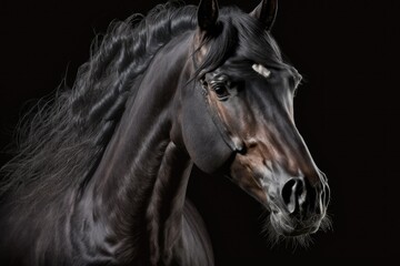 Poster - Portrait of a black horse in a studio against a black background. Generative AI