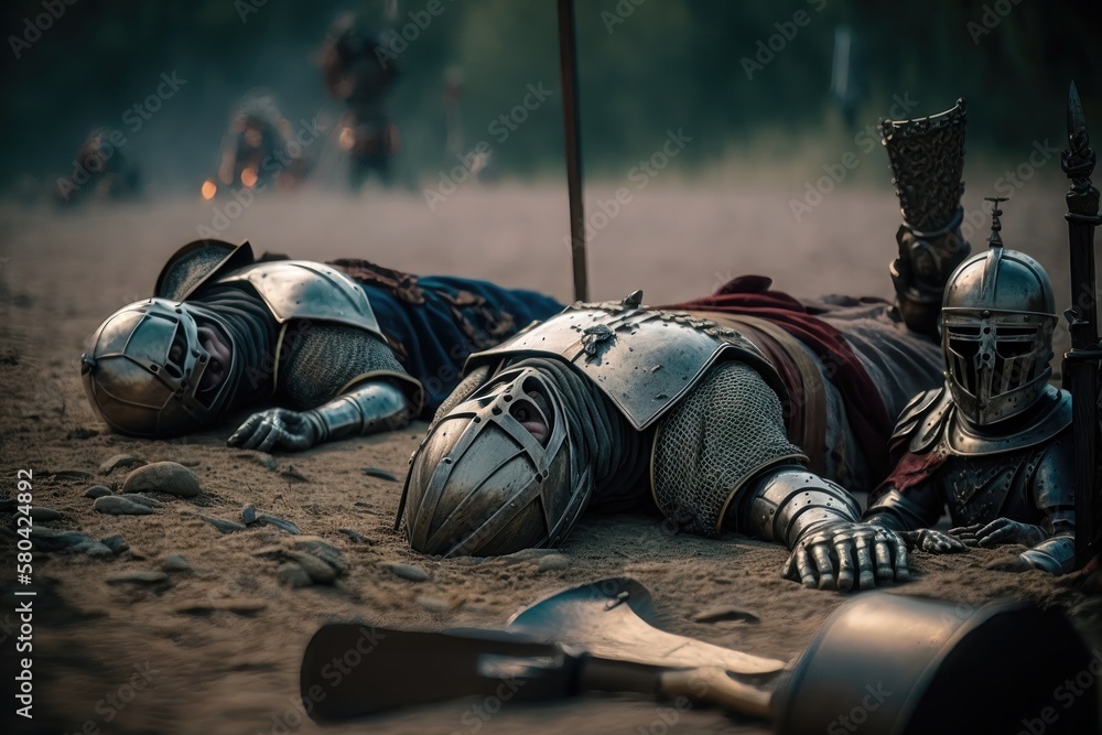 After Epic Battle Bodies of Dead, Massacred Medieval Knights Lying on Battlefield. AI generation