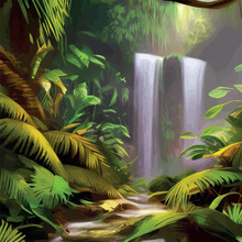 Lush Amazonian Jungle With Waterfalls And A Raging River. Fantasy Forest Landscape With Green Trees And Bushes. Wildlife Vector Illustration