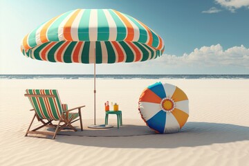 Wall Mural - Umbrella with chairs inflatable ring on beach. AI Generationa