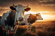 Cows Herd On A Grass Field During The Summer At Sunset. A Cow Is Looking At The Camera Sun Rays. AI Generation