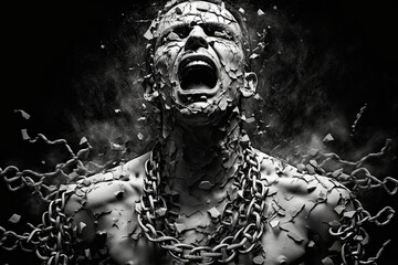 Person breaks chains on himself, frees himself from captivity of consciousness. Man emotionally gets rid of shackles, dark background. Created with Generative AI