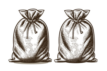 Fabric sack tied with rope. Hand drawn vintage engraving style woodcut vector illustration.