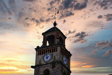 Bell Tower With Medieval Clock Of The Parish Of Sant Llorenç De Savall.