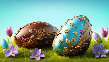 Wall Mural - Festive ornate chocolate easter eggs in grass on sky background, Happy Easter Generative AI image	
