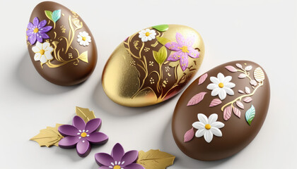 Wall Mural - Festive decorated chocolate easter eggs in grass on white background, Generative AI image	