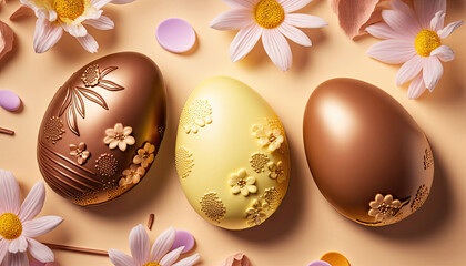Wall Mural - Festive ornate chocolate easter eggs on yellow background, Happy Easter Generative AI image	