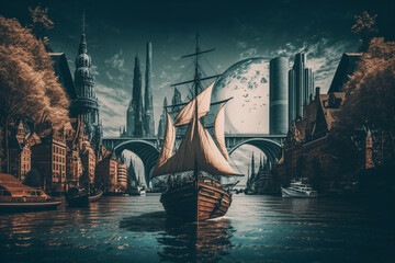 Wall Mural - A city with a river and boats Generative AI