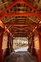 Red Painted Wood Work Inside The Ebenezer Covered Bridge In Mingo Creek County Park, Outside Of Pittsburgh, Pennsylvania.