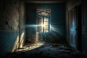 Canvas Print - A spooky light shining from a window in an abandoned Generative AI