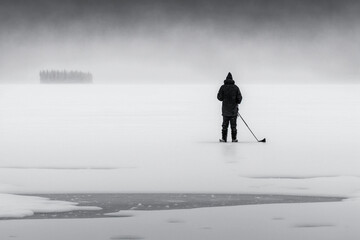 Poster - Lonely fisherman on a frozen lake Generative AI