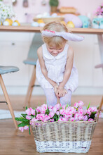 Cute Little Girl Stands By Basket With Spring Flowers Wearing Easter Bunny. Celebration Of Easter.