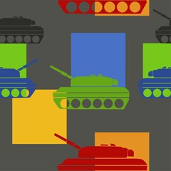 Seamless pattern with colored military Tank. Backdrop with combat vehicle.