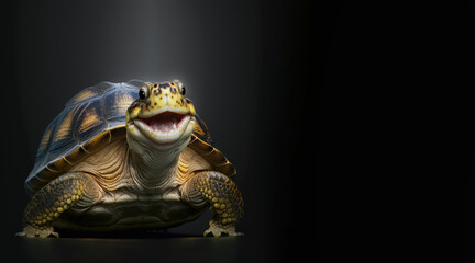 Wall Mural - portrait of a happy smiling turtle, photo studio set up with key light, isolated with black background and copy space - generative ai