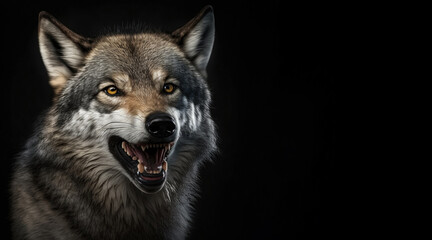Wall Mural - portrait of a angry growling grey wolf, photo studio set up with key light, isolated with black background and copy space - generative ai