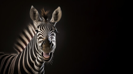 Wall Mural - portrait of a happy zebra, photo studio set up with key light, isolated with black background and copy space - generative ai