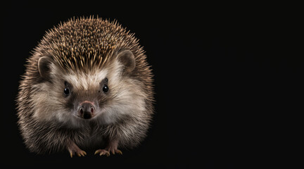 Wall Mural - portrait of a hedgehog, photo studio set up with key light, isolated with black background and copy space - generative ai