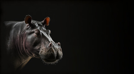 Wall Mural - portrait of a hippopotamus photo studio set up with key light, isolated hippo with black background and copy space - generative ai	
