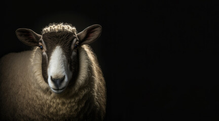 Wall Mural - portrait of a sheep, photo studio set up with key light, isolated with black background and copy space - generative ai