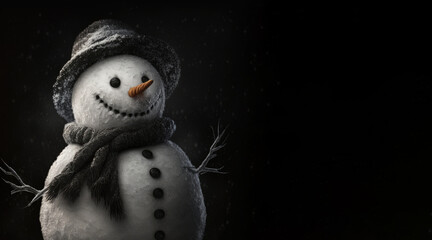 Wall Mural - portrait of a happy smiling snowman, photo studio set up with key light, isolated with black background and copy space - generative ai	