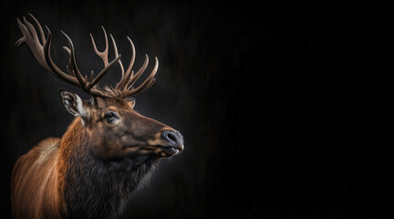 Wall Mural - portrait of a moose, photo studio set up with key light, isolated with black background and copy space - generative ai