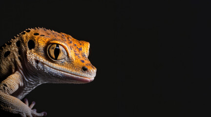 Wall Mural - portrait of a gecko, photo studio set up with key light, isolated with black background and copy space - generative ai