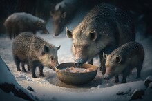 In the winter forest, wild boars came to the feeder to eat grain. A mother pig and her babies can live through the winter. During the winter, people help feed wild animals. Image with only some parts