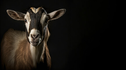 Wall Mural - portrait of a goat, photo studio set up with key light, isolated with black background and copy space - generative ai