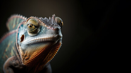Wall Mural - portrait of a blue chameleon, photo studio set up with key light, isolated with black background and copy space - generative ai	