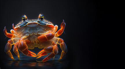 Wall Mural - portrait of a crab, photo studio set up with key light, isolated with black background and copy space - generative ai