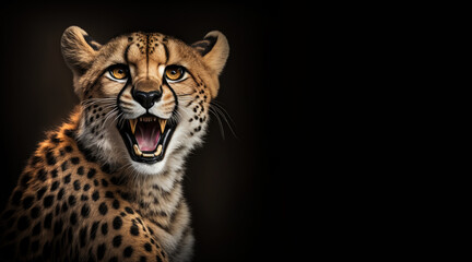 Wall Mural - portrait of a happy cheetah, photo studio set up with key light, isolated with black background and copy space - generative ai	
