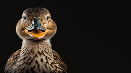 Wall Mural - portrait of a happy smiling duck, photo studio set up with key light, isolated with black background and copy space - generative ai