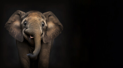 Wall Mural - portrait of a happy smiling elephant photo studio set up with key light, isolated with black background and copy space - generative ai
