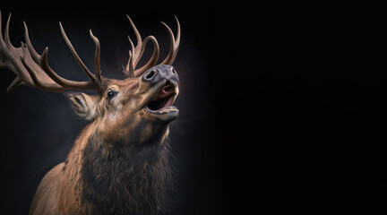 Wall Mural - portrait of a happy laughing moose, photo studio set up with key light, isolated with black background and copy space - generative ai