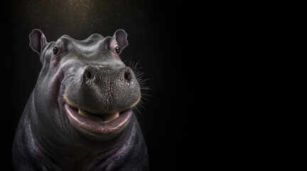 Wall Mural - portrait of a happy smiling hippopotamus photo studio set up with key light, isolated hippo with black background and copy space - generative ai	
