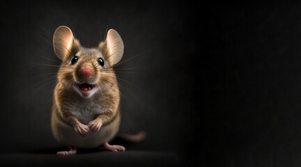 Wall Mural - portrait of a happy mouse, photo studio set up with key light, isolated with black background and copy space - generative ai