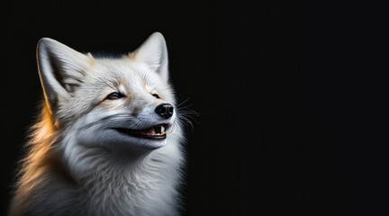 Wall Mural - portrait of a happy smiling polar fox, photo studio set up with key light, isolated with black background and copy space - generative ai