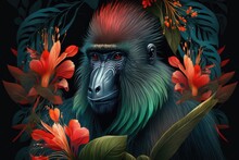 Mandrill Monkeys In Tropical Flowers And Leaves In A Close Up Picture. Picturesque Portrait Wildlife Animal. Digital Illustration. Generative AI