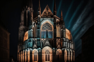 Wall Mural - A Gothic cathedral lit up at night Generative AI