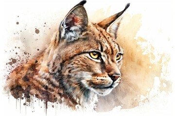 Wall Mural - Lynx drawn in watercolor. Portrait on a white background as a picture. Generative AI